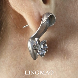 复古立体高跟鞋 独特耳饰 蝴蝶结耳钉哥特风小众设计感百搭耳环个性