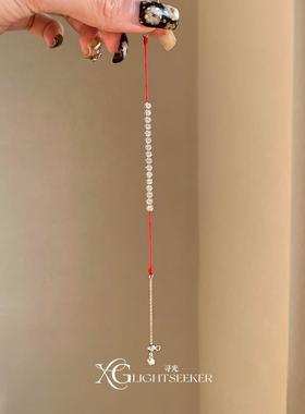 新中式银色超闪排钻极细红绳手链