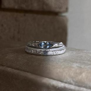 清冷感复古仿马眼蓝钻镂空雕花戒指轻奢小众高级感气质情侣对戒女