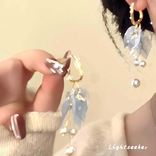 S925纯银超仙蓝花瓣珍珠流苏耳环