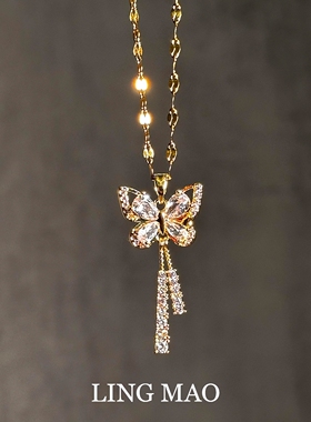 爆闪钻金色蝴蝶结项链冷淡风简约