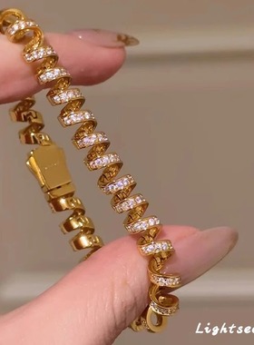 超闪满镶金色电话线手链中古轻奢精致手环小众独特清冷感手饰百搭