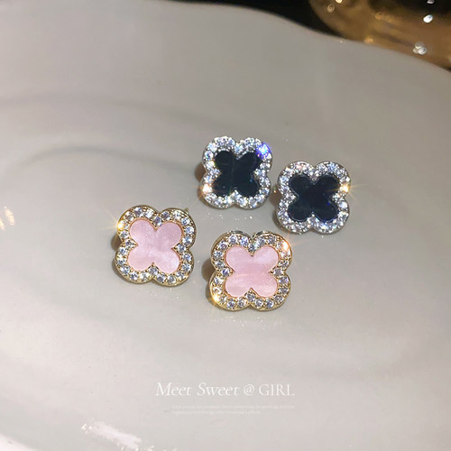 粉色满钻仿锆石花朵耳钉超闪耳饰
