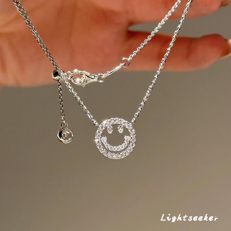 S925纯银爆闪满钻笑脸吊坠项链女