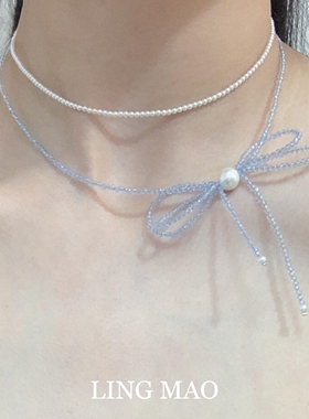 双层蓝色蝴蝶结仿珍珠项链清冷感