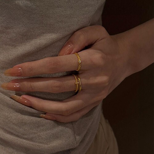 法式金色爆闪仿锆石戒指极细素圈