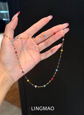 复古彩色爱心方块项链高级感轻奢