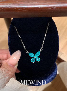 蓝色蝴蝶仿宝石项链气质轻奢小众
