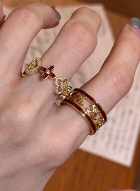 复古老钱风红色滴釉四叶草戒指女