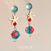 蓝色水珠海星仿琉璃耳环可爱小众时尚 个性 耳钉夏日海边度假风耳饰