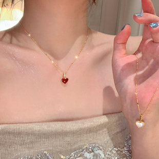 S925纯银法式双面滴油贝母爱心项链时尚高级轻奢气质小众锁骨颈链
