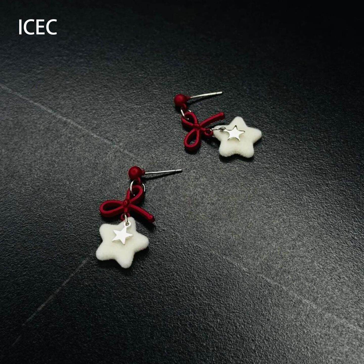 童趣白色毛绒星星蝴蝶结耳钉新年甜美气质温柔冬季氛围感红色耳饰