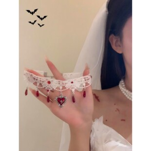 万圣节cos装扮爱心十字架项链女轻奢哥特风choker蕾丝复古锁骨链
