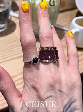 酒红色宽版戒指时尚精致小众设计