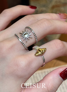 复古银色镂空太阳花戒指时尚高级