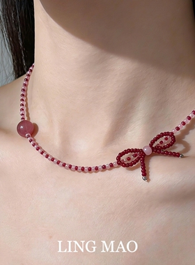 法式复古粉色蝴蝶结串珠项链甜美