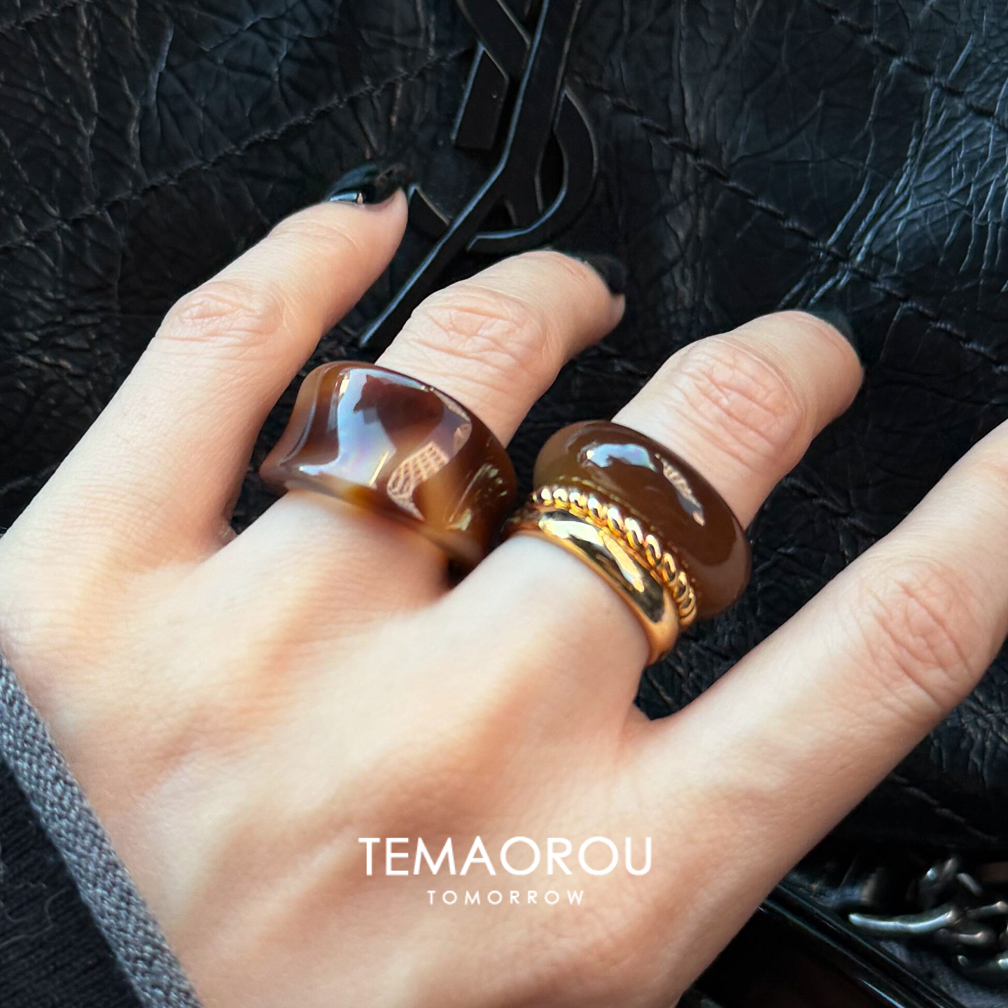 中古风焦糖琥珀素圈四件套戒指女