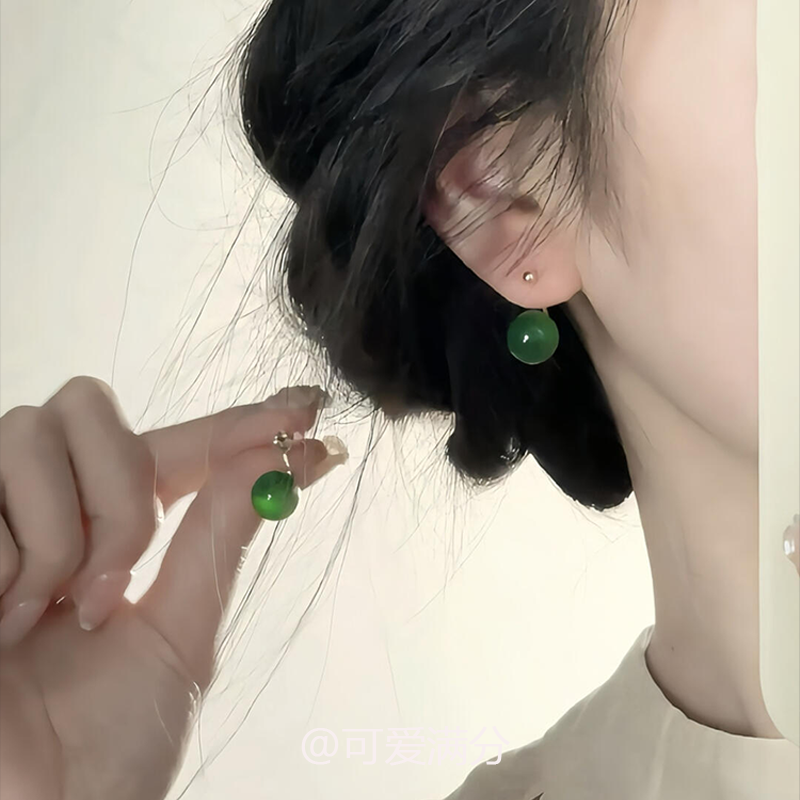 S925纯银新中式绿玛瑙小圆珠耳环国风小众显白气质耳钉配旗袍耳饰