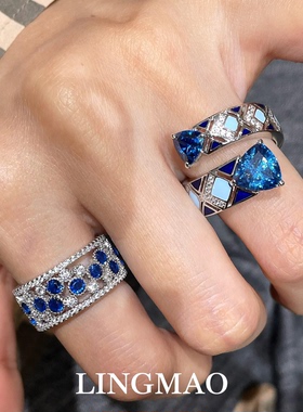 复古几何不规则蓝色闪钻戒指小众