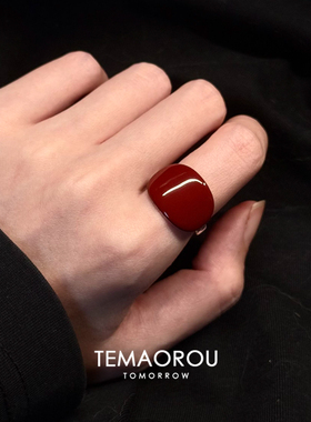 复古朱砂红方型几何戒指小众高级
