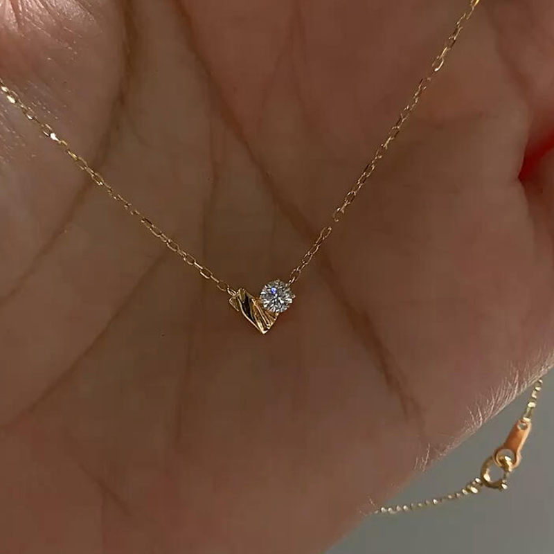 S925纯银日系简约金爱心闪钻项链