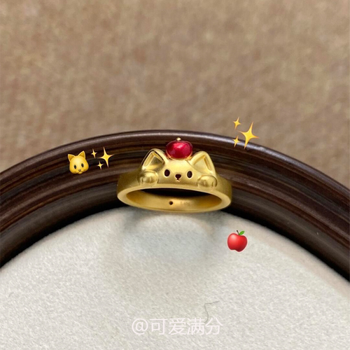 S925纯银金色小狗苹果戒指高级感