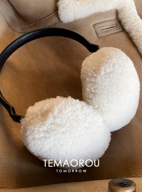老钱风黑色皮革羊羔帽白色耳罩冬季新款高级感耳捂子防寒保暖耳套