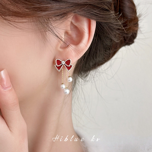 耳钉气质小众耳饰 爆款 法式 红色蝴蝶结流苏耳环高级感轻奢2025新款