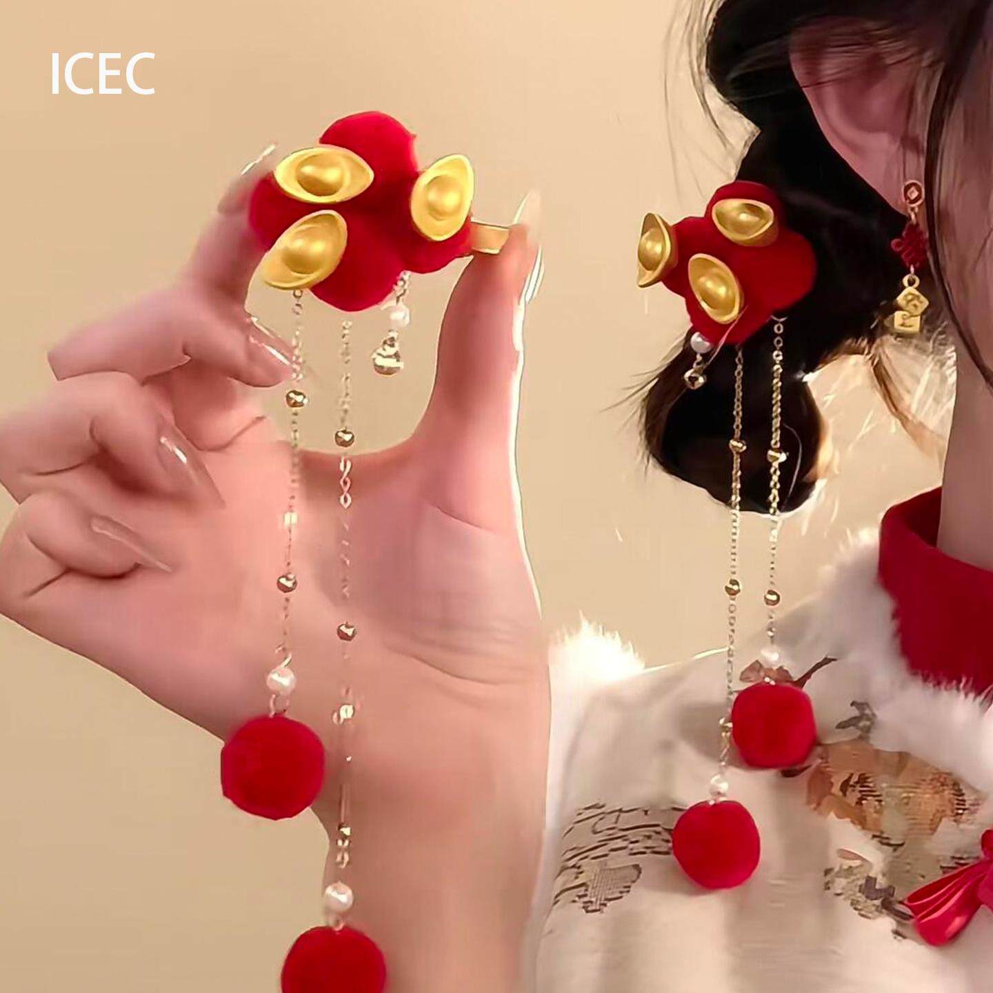 新中式金元宝毛绒圆球流苏发夹甜美喜庆高颜值新年氛围感红色发饰