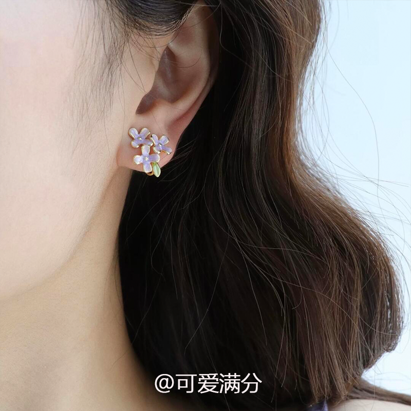 超仙紫色花朵叶子耳钉法式小清新温柔百搭耳夹甜美精致高级感耳饰