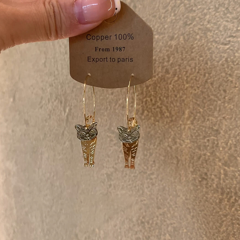 中古新款古埃及灵动做旧金猫咪吊坠耳圈复古圈圈耳饰耳环气质百搭