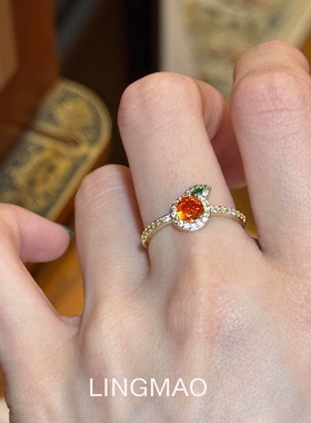 爆闪满钻橙色橘子戒指高级感轻奢
