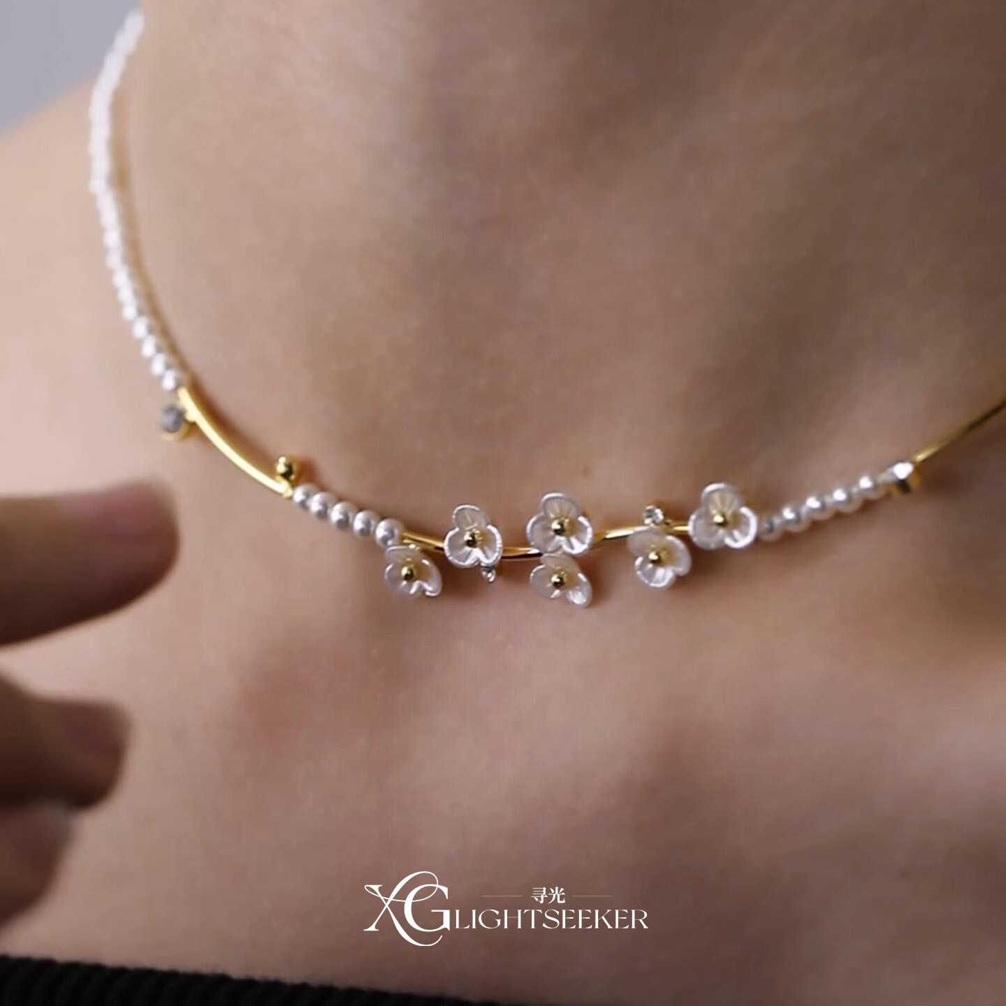 法式复古白山茶花仿贝母珍珠项链