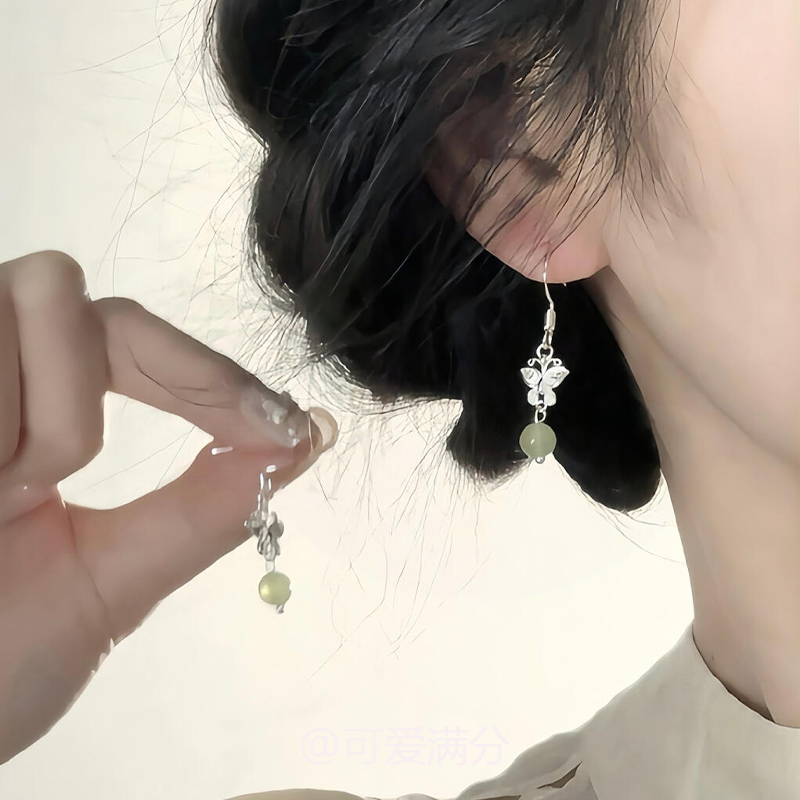 新中式蝴蝶绿琉璃耳钩女气质国风