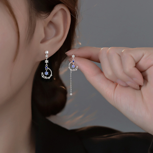 925纯银月亮不对称耳钉女2022年新款 洋气耳环小众设计感轻奢高级