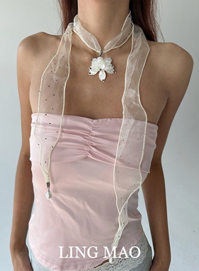 氛围感波点微闪丝带白色花朵项链