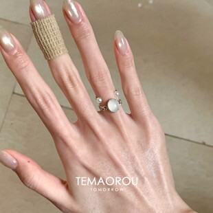 新中式清冷感椭圆蛋面仿玉髓戒指女小众设计可调节食指戒叠戴尾戒