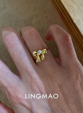 金色绑带蝴蝶结戒指轻奢小众时尚