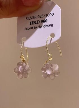 新中式超闪冰透紫色仿猫眼球串珠耳环女款百搭高级感显白复古耳饰