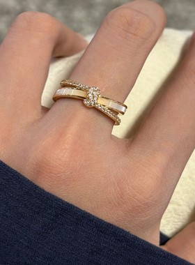 韩式仿贝母排钻双层开口戒指女复古时尚气质高级感轻奢百搭食指戒