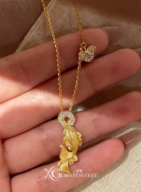 新中式金色锦鲤闪钻钱币项链轻奢