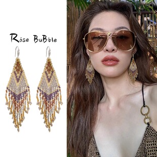 S925纯银波西米亚串珠流苏耳环2025新款 度假风轻奢高级感耳钩耳饰