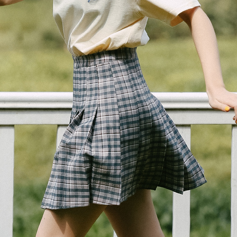蚂蚁Q娃a字半身裙女格纹高腰jk格子裙夏季新款百褶裙日系短裙