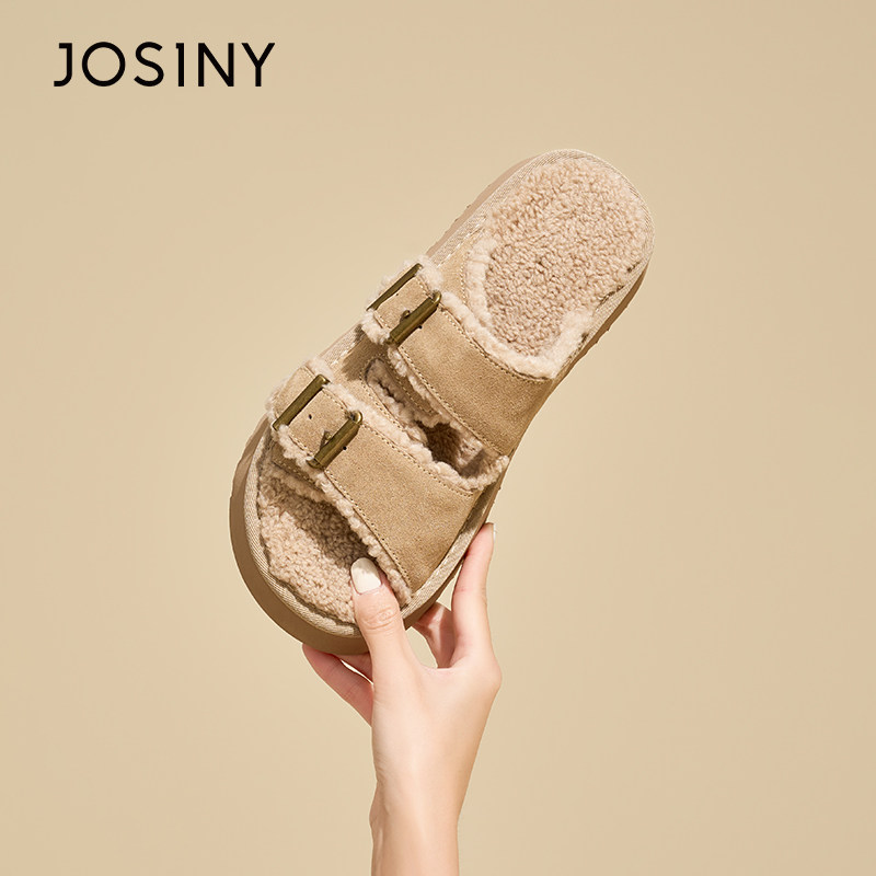 卓诗尼勃肯鞋软木鞋女2025秋季新款可爱百搭加绒外穿温暖一字拖鞋