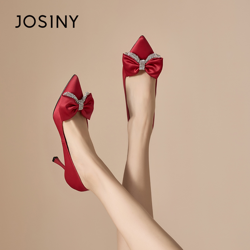 卓诗尼正品红色尖头蝴蝶结婚鞋女