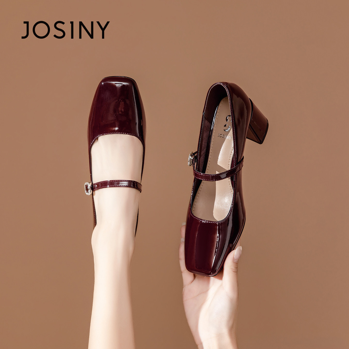 卓诗尼漆皮玛丽珍鞋女2026春新款粗跟方头一字扣轻熟风百搭高跟鞋