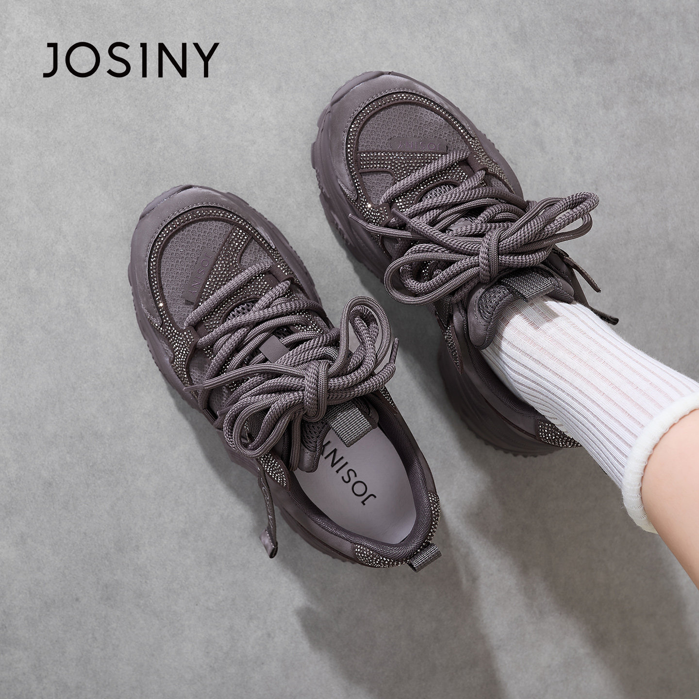 卓诗尼厚底老爹鞋女2026春季新款增高百搭休闲运动显脚小水钻鞋子,女鞋,老爹鞋,淘宝优惠券,粉丝福利购,淘宝优惠卷