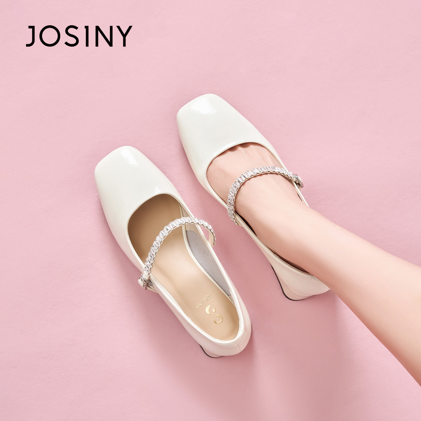 卓诗尼水钻玛丽珍鞋女2026春季新款法式方头一字带粗跟百搭单鞋子