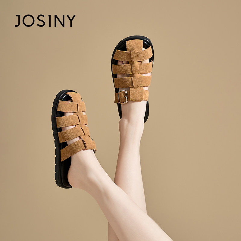 卓诗尼罗马凉鞋女2026夏季新款平底休闲百搭一脚蹬真皮包头鞋子