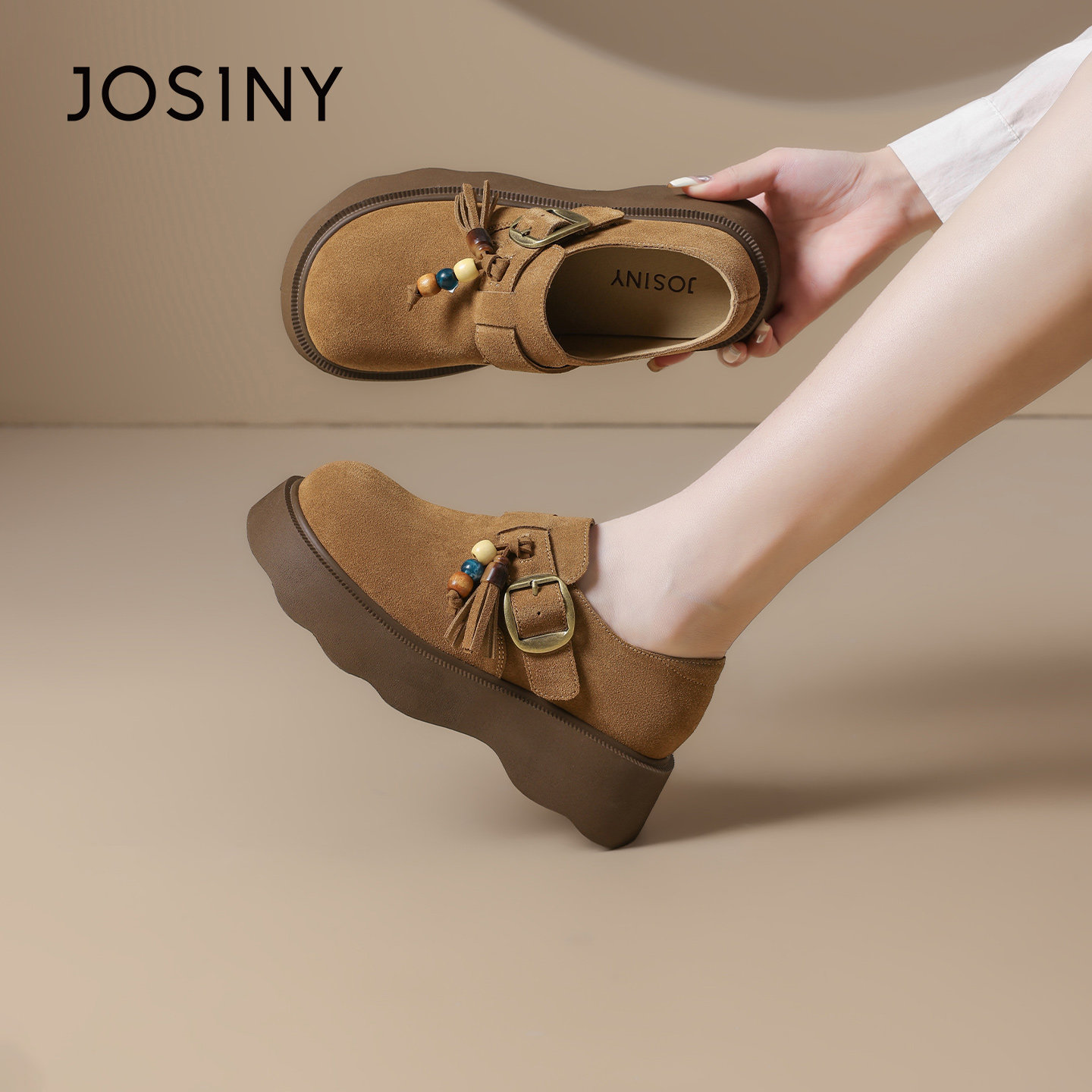 卓诗尼复古勃肯鞋女2026春季新款复古流苏百搭单鞋厚底真皮乐福鞋